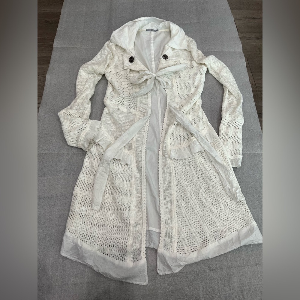 [M]Linea Domani Mixed Fabric and Textures Tie Up open knit Cardigan